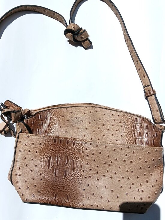 Handbags - Beige Faux Ostrich Crocodile Textured Crossbody Black Silhouette Bird Lining